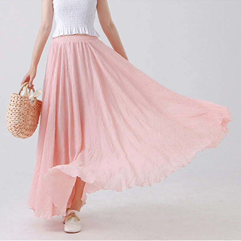 High Quality Cotton Linen Maxi Skirt Womens Casual Elastic