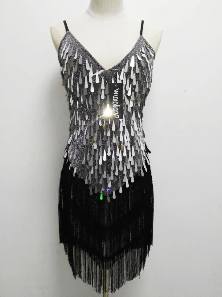 Shining V Neck Stage Costumes Latin Dance Dress Women 1920s Gatsby Fringe Flapper Backless Dress Summer Mesh Sequin Dress