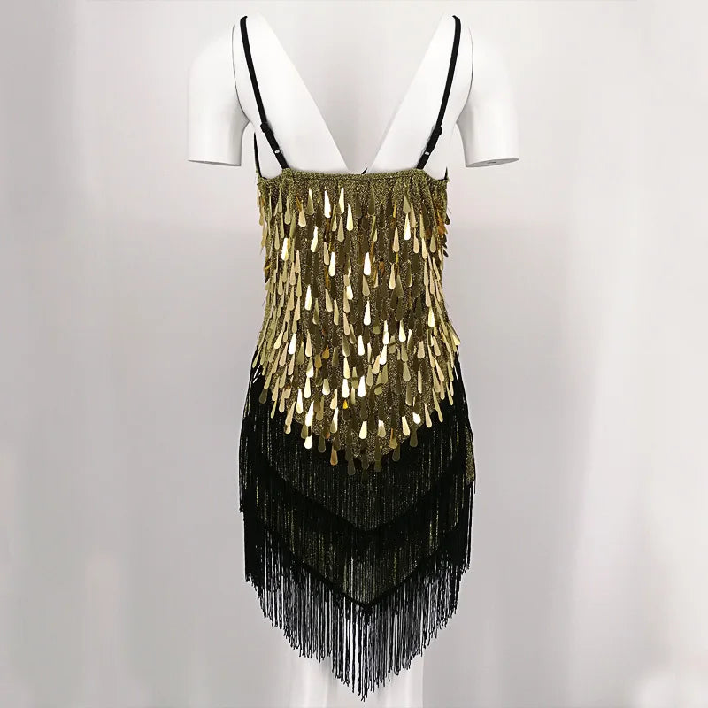 Shining V Neck Stage Costumes Latin Dance Dress Women 1920s Gatsby Fringe Flapper Backless Dress Summer Mesh Sequin Dress