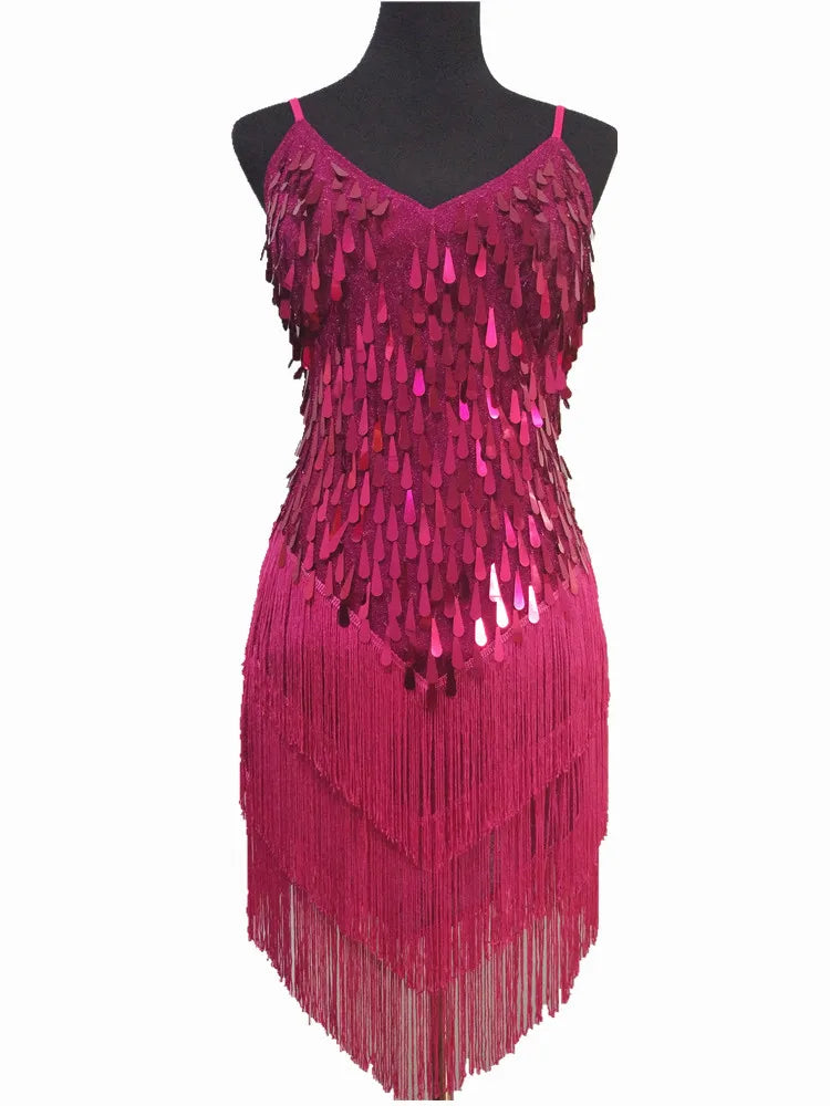 Shining V Neck Stage Costumes Latin Dance Dress Women 1920s Gatsby Fringe Flapper Backless Dress Summer Mesh Sequin Dress