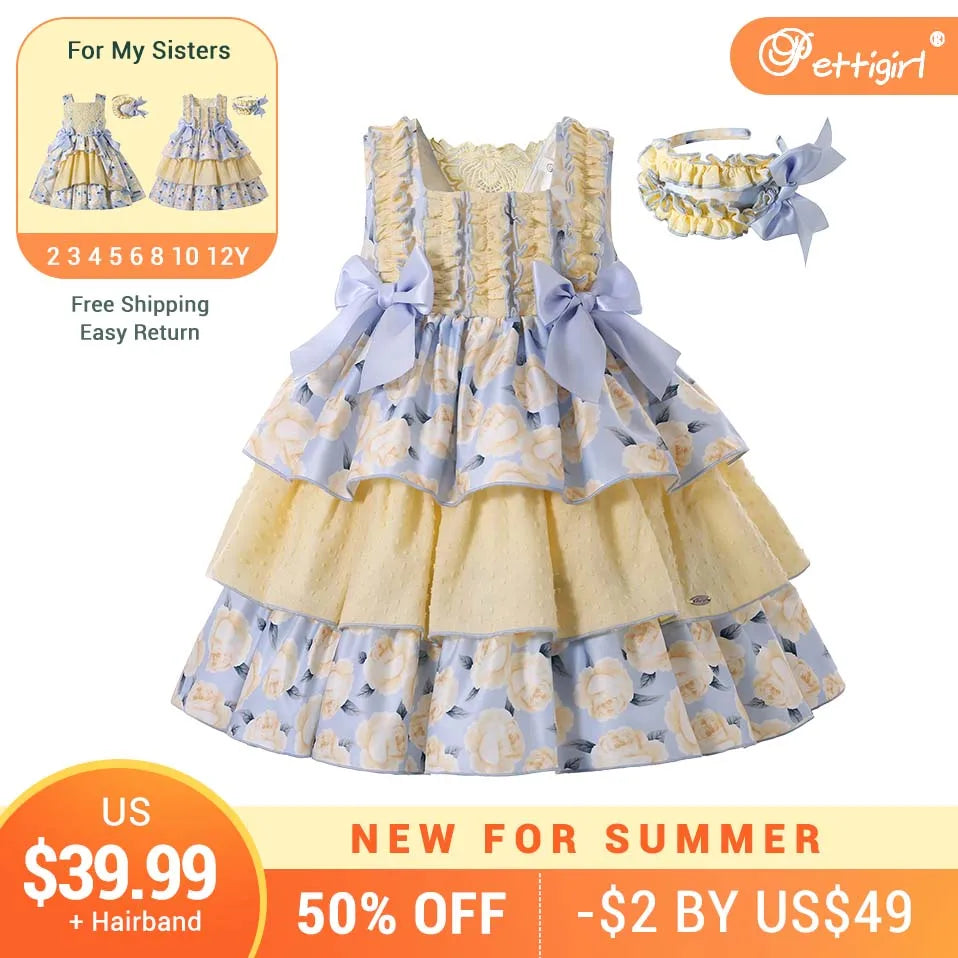 Pettigirl Children Fancy Flower Princess Dresses for Girls Outfits Summer Clothes Size Age 3 4 5 6 8 10 12 Year Old & Hairband