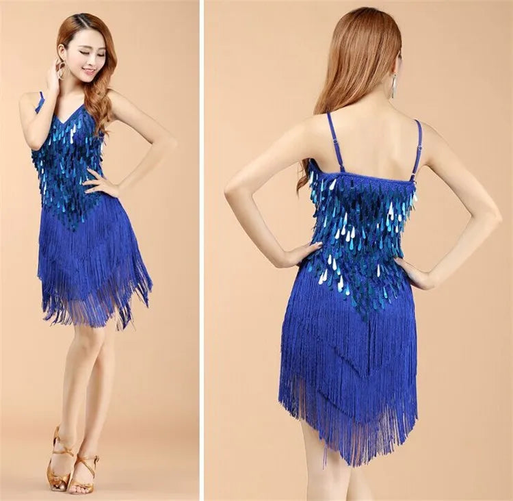 Shining V Neck Stage Costumes Latin Dance Dress Women 1920s Gatsby Fringe Flapper Backless Dress Summer Mesh Sequin Dress