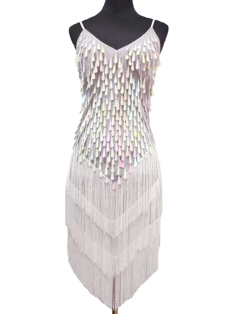 Shining V Neck Stage Costumes Latin Dance Dress Women 1920s Gatsby Fringe Flapper Backless Dress Summer Mesh Sequin Dress