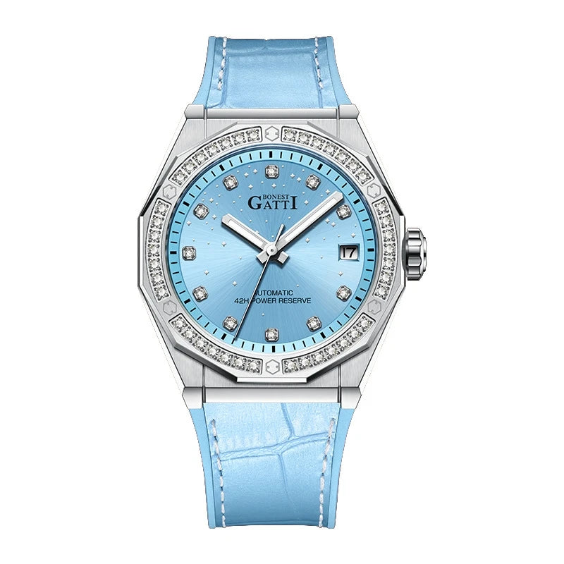 Bugatti Fashion Mechanical Automatic Skeleton Lady Fashion Luxury  Watch for Women  Mosan Diamond Dial Leather Strap Watches