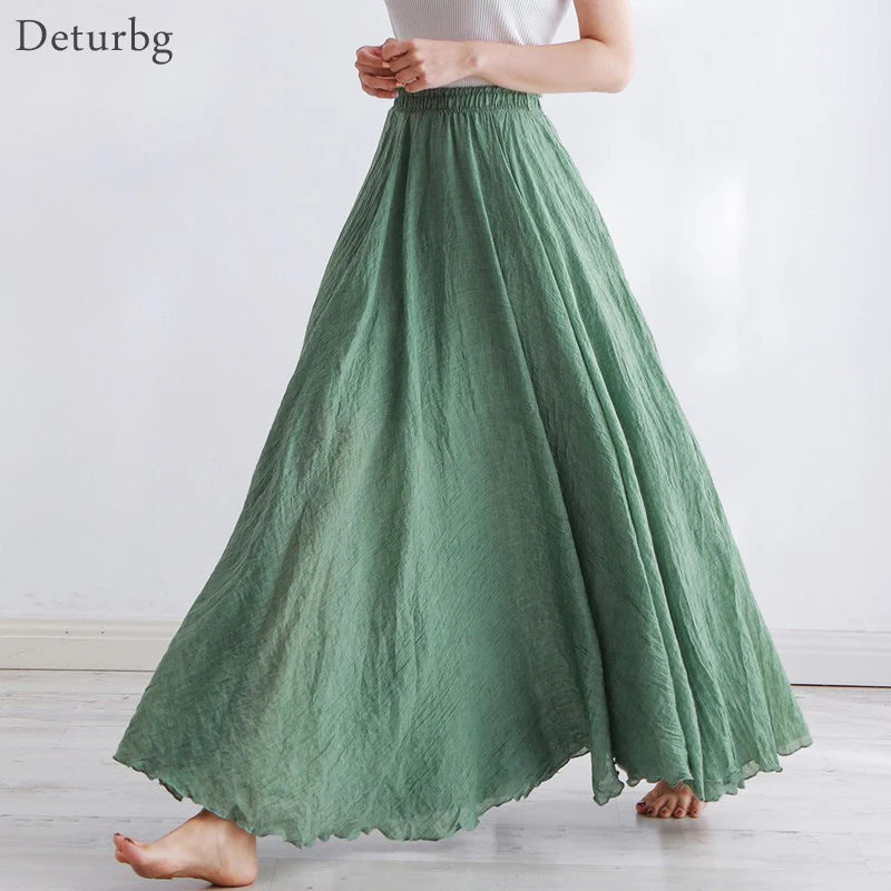 High Quality Cotton Linen Maxi Skirt Womens Casual Elastic