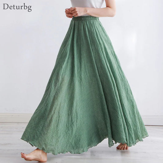 High Quality Cotton Linen Maxi Skirt Womens Casual Elastic