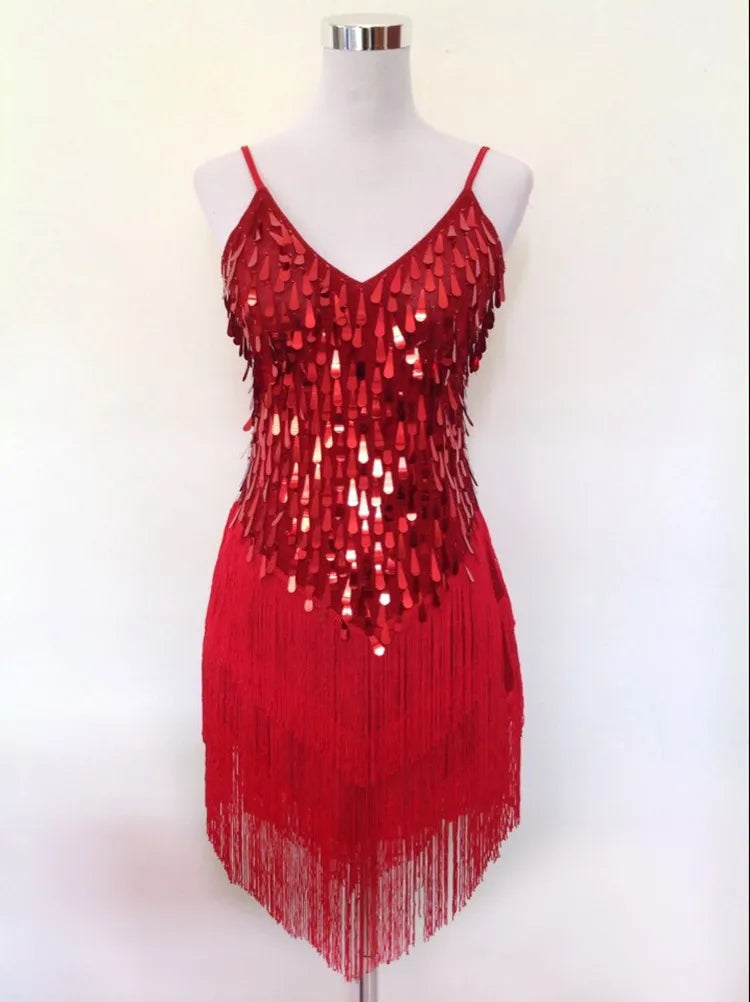 Shining V Neck Stage Costumes Latin Dance Dress Women 1920s Gatsby Fringe Flapper Backless Dress Summer Mesh Sequin Dress