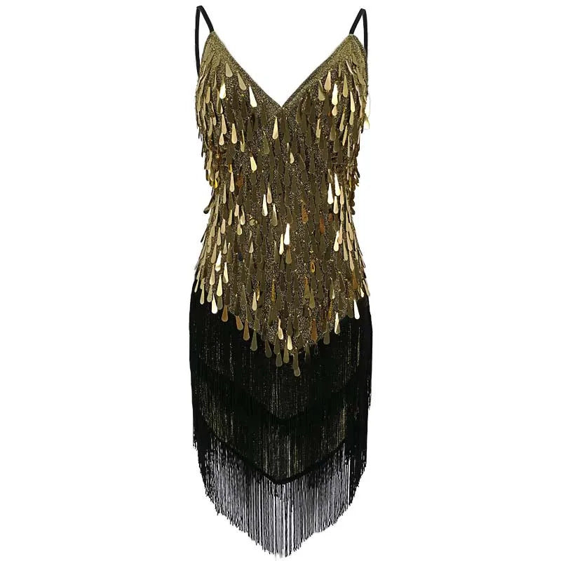 Shining V Neck Stage Costumes Latin Dance Dress Women 1920s Gatsby Fringe Flapper Backless Dress Summer Mesh Sequin Dress