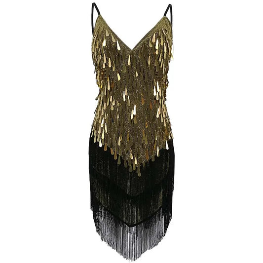 Shining V Neck Stage Costumes Latin Dance Dress Women 1920s Gatsby Fringe Flapper Backless Dress Summer Mesh Sequin Dress