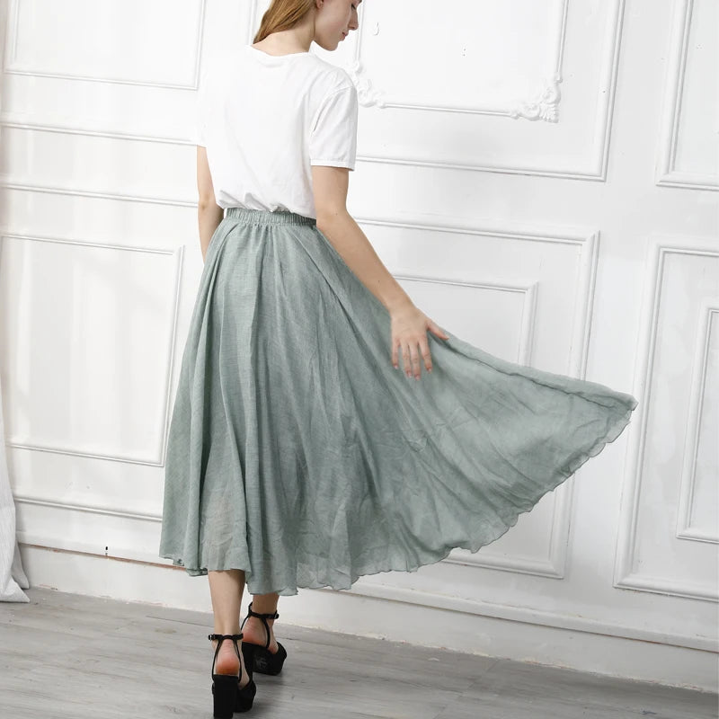 High Quality Cotton Linen Maxi Skirt Womens Casual Elastic