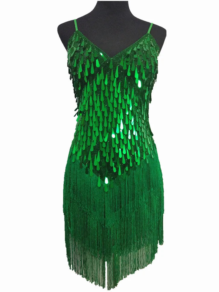 Shining V Neck Stage Costumes Latin Dance Dress Women 1920s Gatsby Fringe Flapper Backless Dress Summer Mesh Sequin Dress