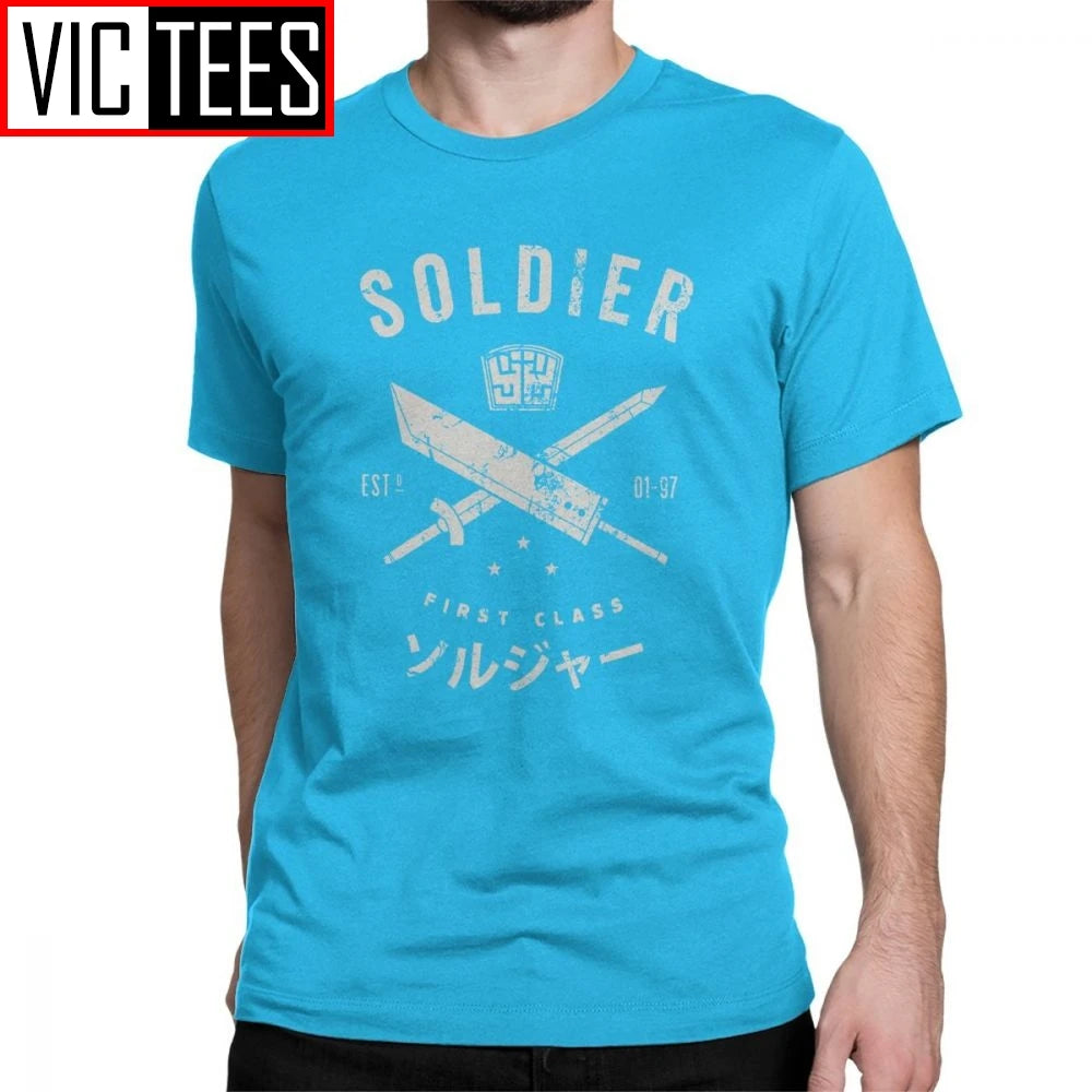 Funny Final Fantasy Soldier T-Shirt for Men O Neck Cotton Men T Shirts Cloud Video Game Strife Shinra Chocobo Short Sleeve Tees