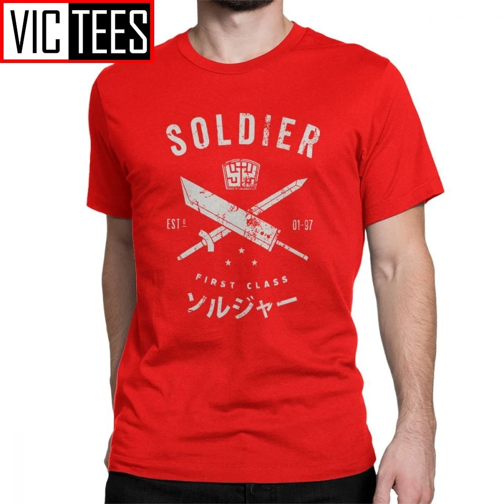 Funny Final Fantasy Soldier T-Shirt for Men O Neck Cotton Men T Shirts Cloud Video Game Strife Shinra Chocobo Short Sleeve Tees