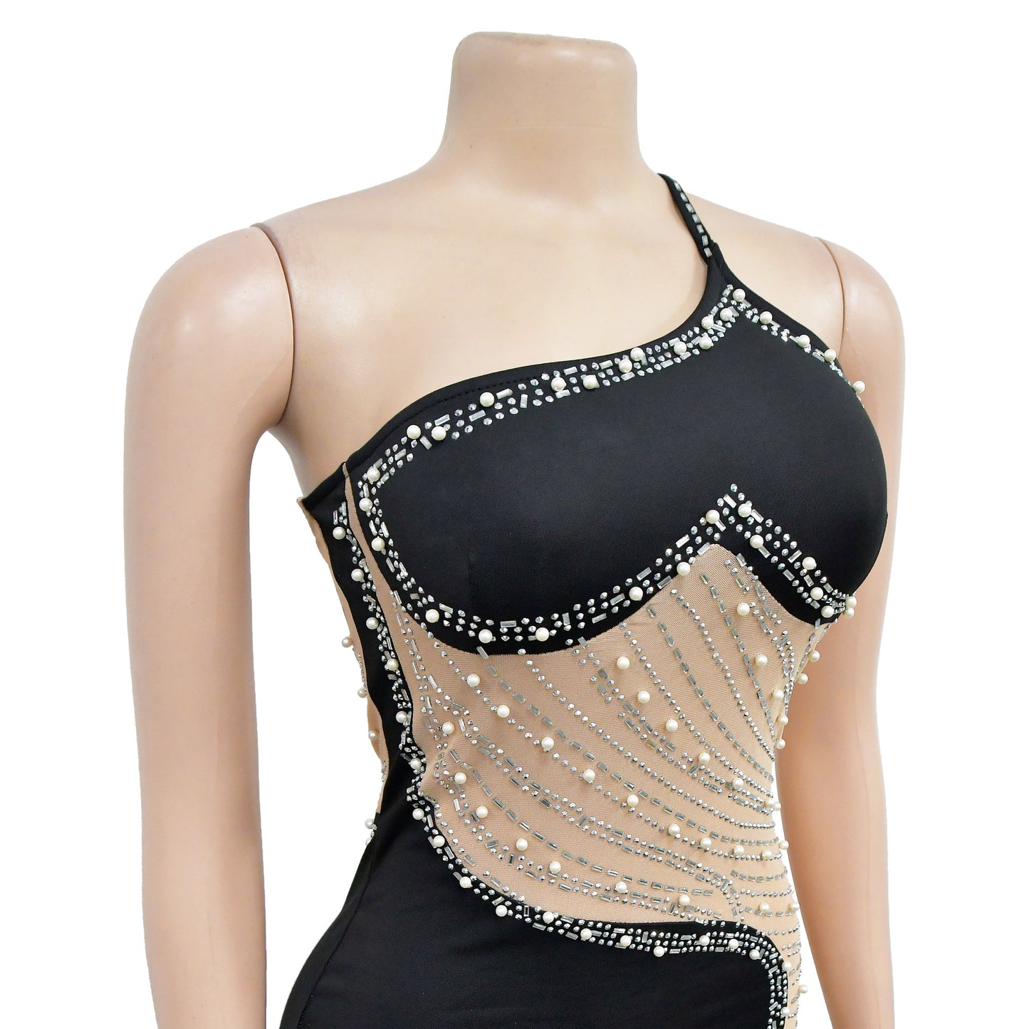 CM.YAYA Women Diamonds Hot Rhinestones Mesh Patchwork Sweetheart