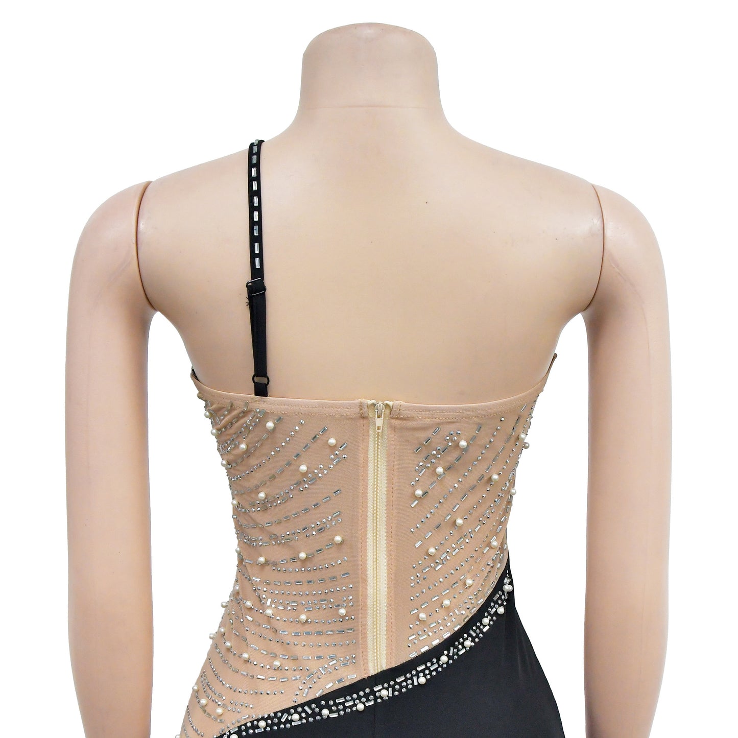 CM.YAYA Women Diamonds Hot Rhinestones Mesh Patchwork Sweetheart