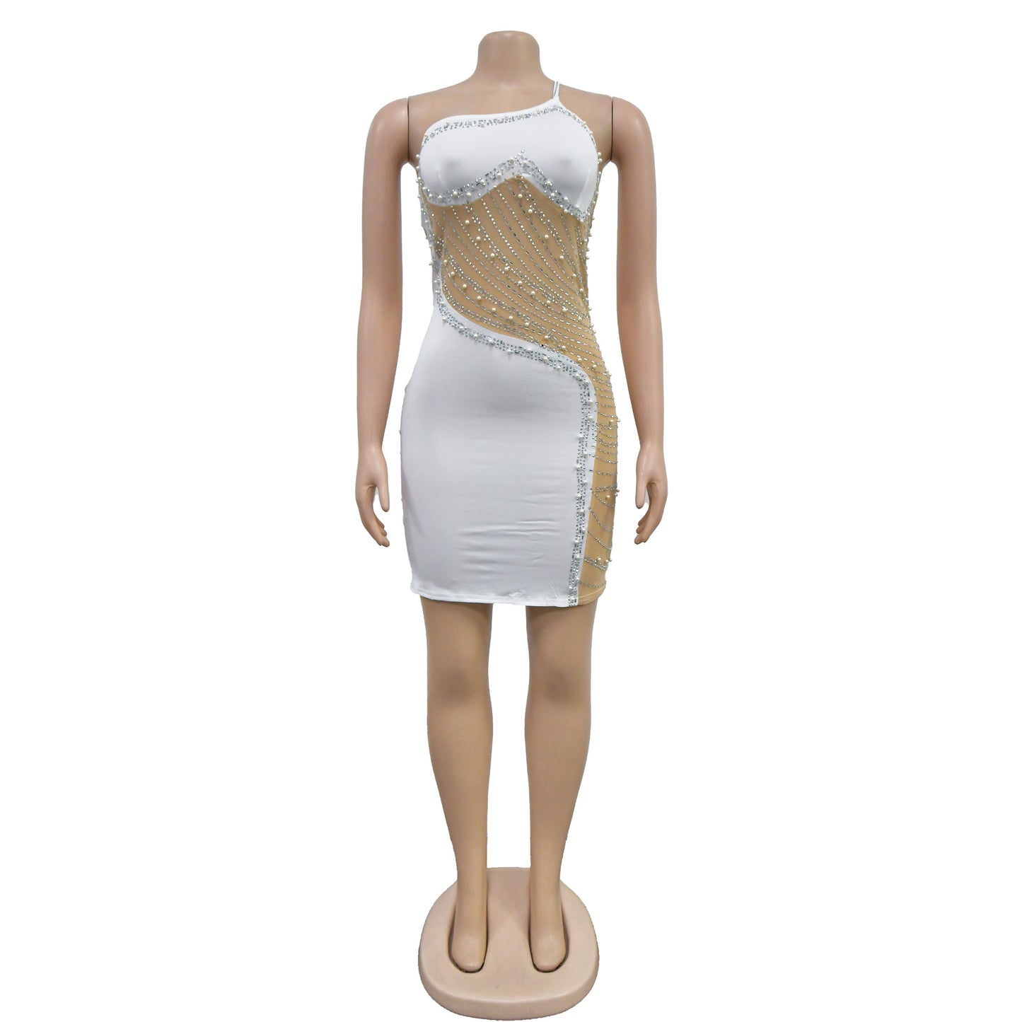 CM.YAYA Women Diamonds Hot Rhinestones Mesh Patchwork Sweetheart