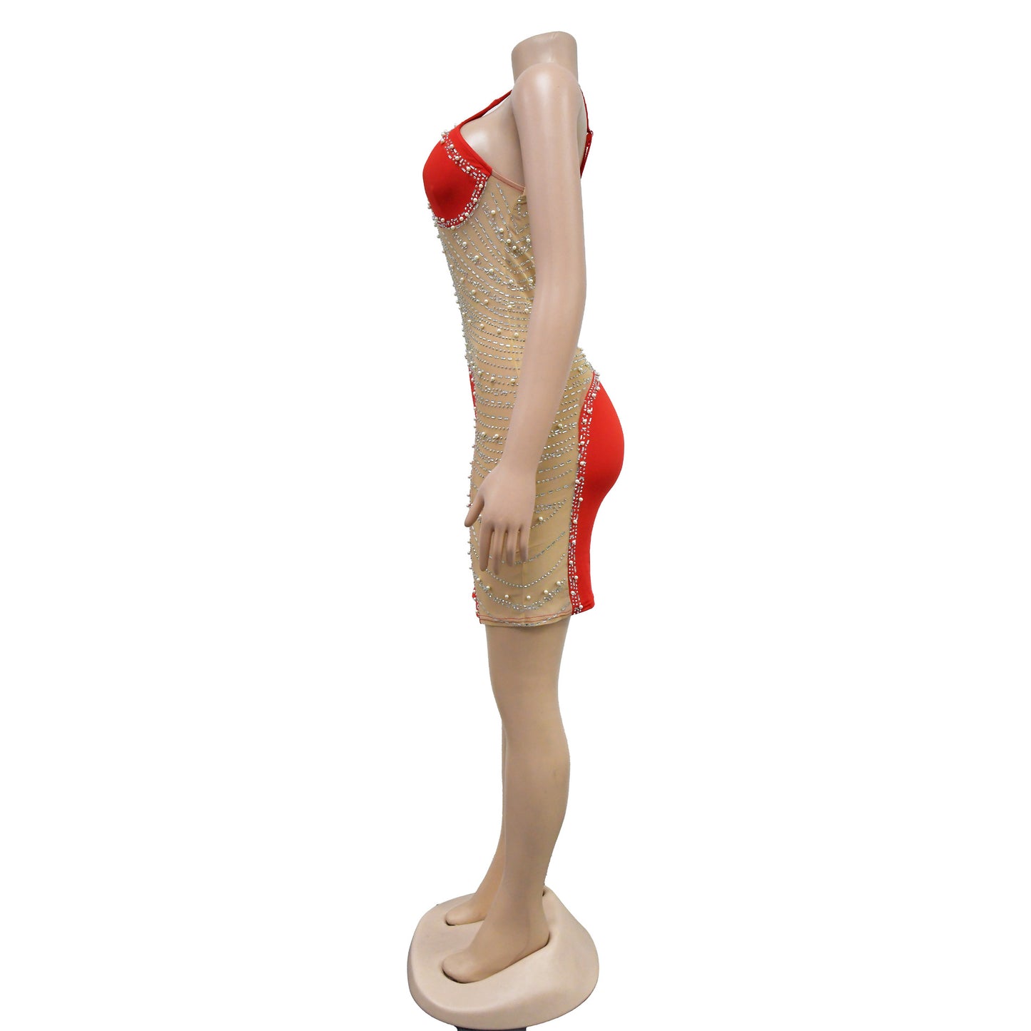 CM.YAYA Women Diamonds Hot Rhinestones Mesh Patchwork Sweetheart