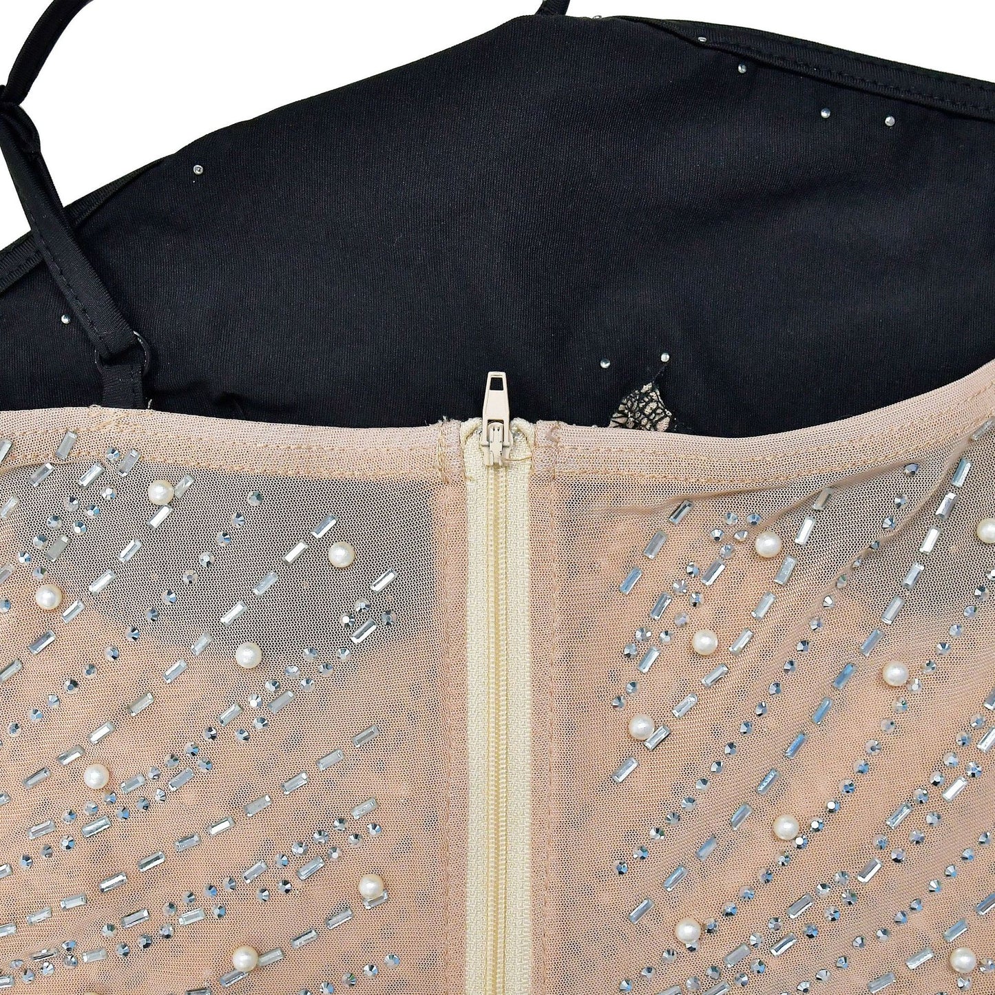 CM.YAYA Women Diamonds Hot Rhinestones Mesh Patchwork Sweetheart