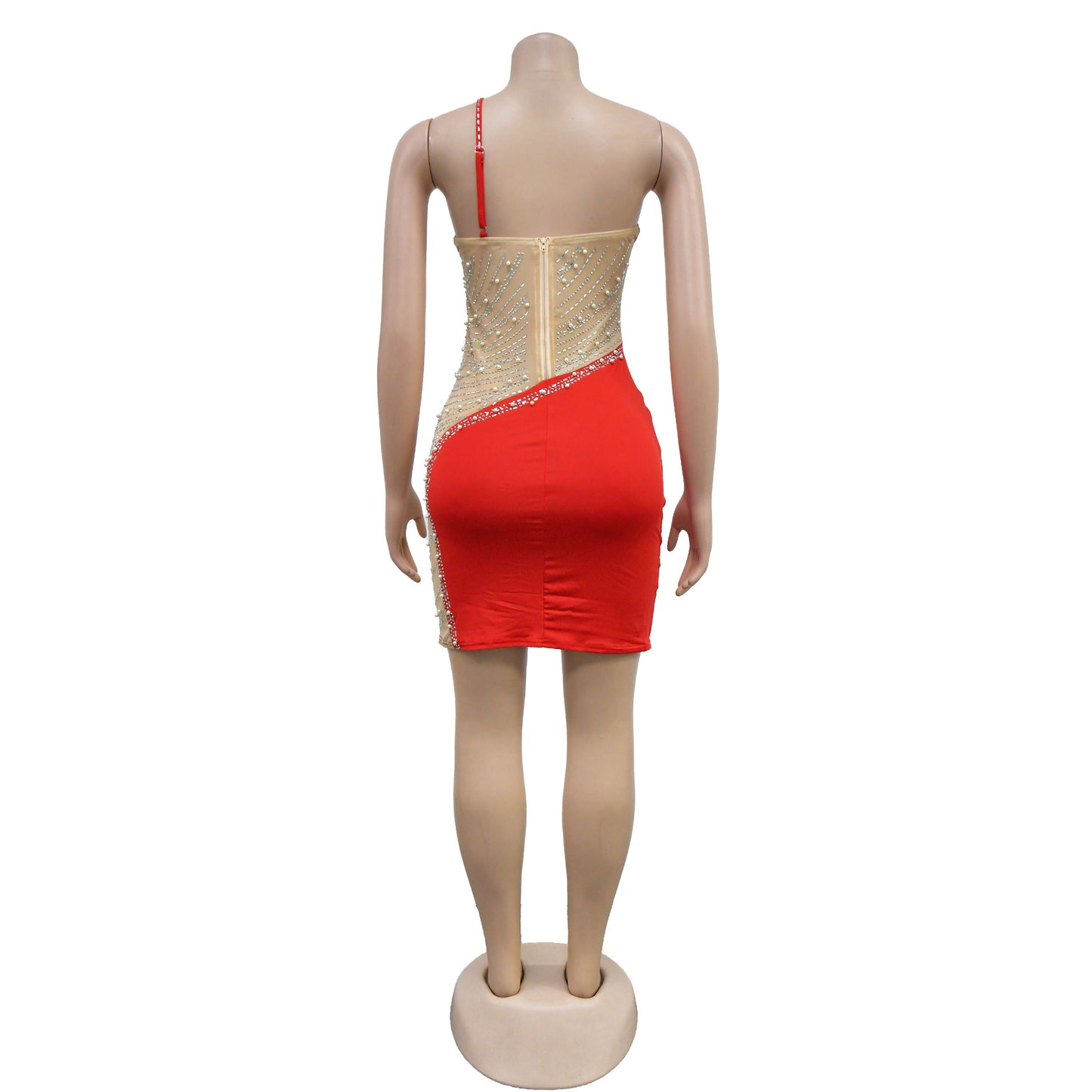 CM.YAYA Women Diamonds Hot Rhinestones Mesh Patchwork Sweetheart