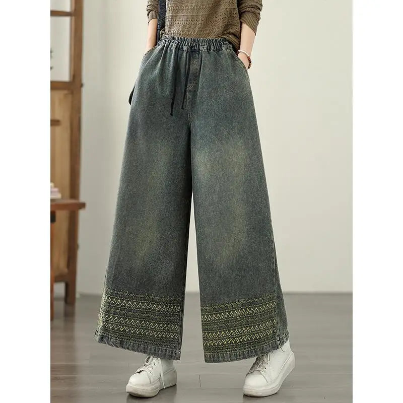 Jeans Women 2025 Autumn New Jeans Retro Heavy Industry Embroidery Ethnic Style Elastic Waist Casual Oversized Wide Leg Pants