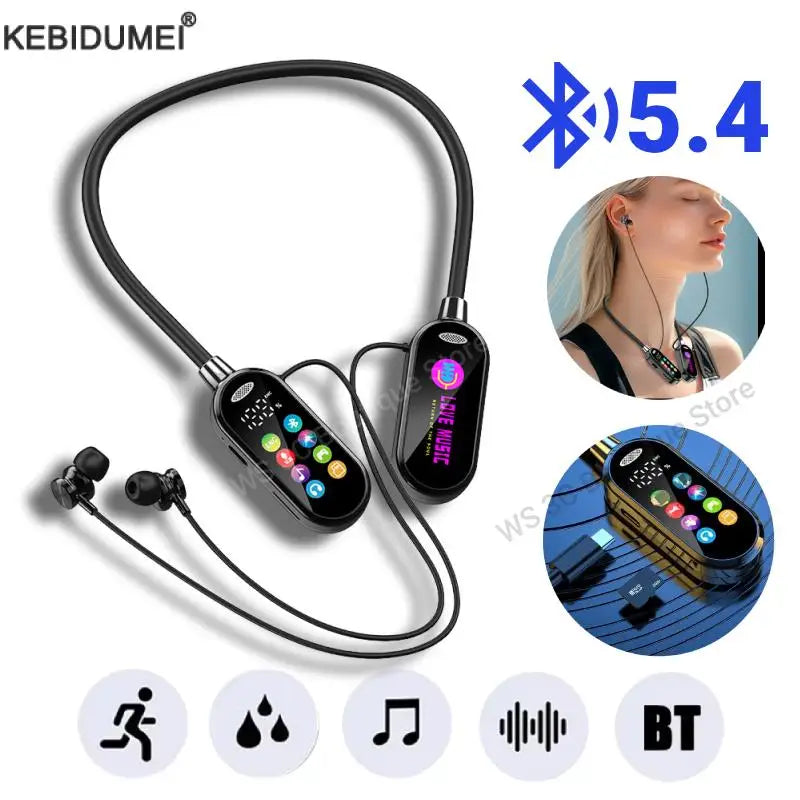 Bluetooth 5.4 Neck-Hanging Earphone LED Display HiFi Sound Earbuds Wireless Headphones Sports Gamer Neckband Headsets