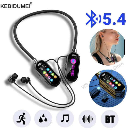 Bluetooth 5.4 Neck-Hanging Earphone LED Display HiFi Sound Earbuds Wireless Headphones Sports Gamer Neckband Headsets