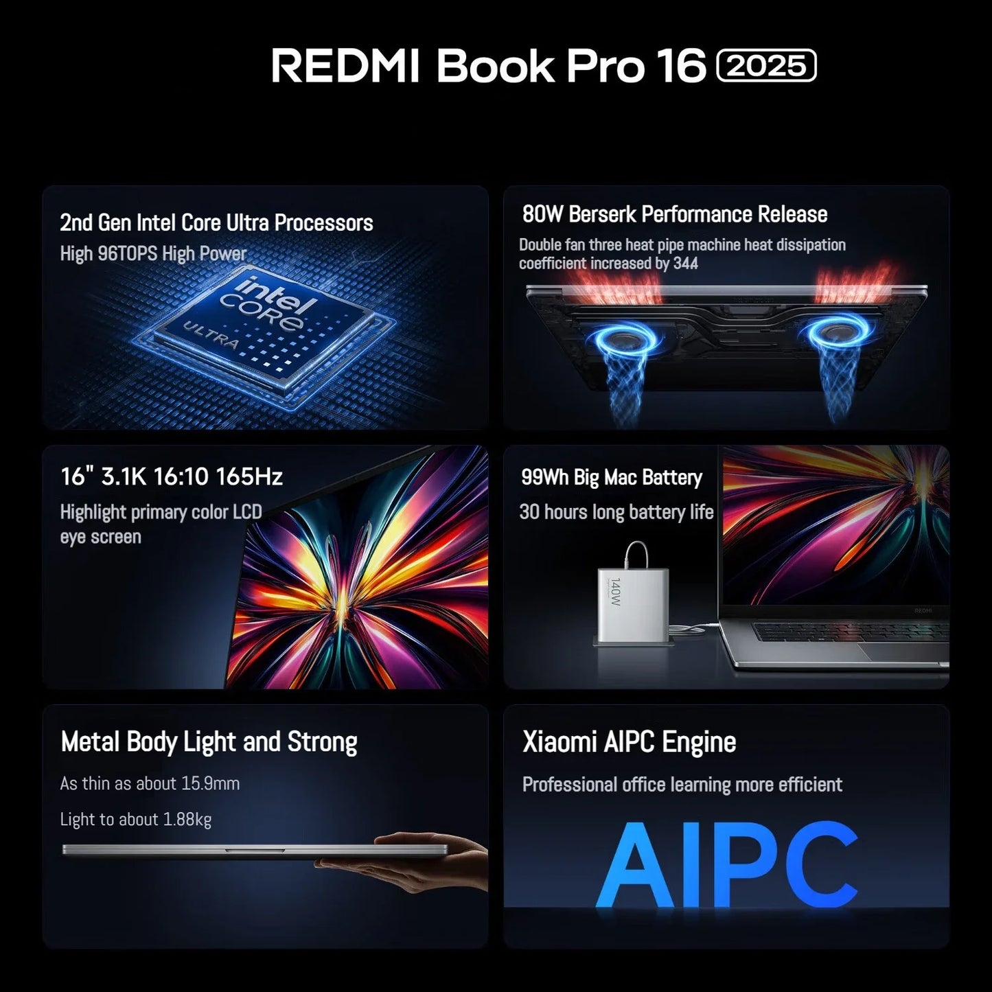 Xiaomi REDMI Book Pro 16 Laptop 2025 Ultra 7 255H/Ultra 5225H Intel Arc Graphics 32GB LPDDR5X 1T SSD 16-inch 3.1K 165Hz Screen