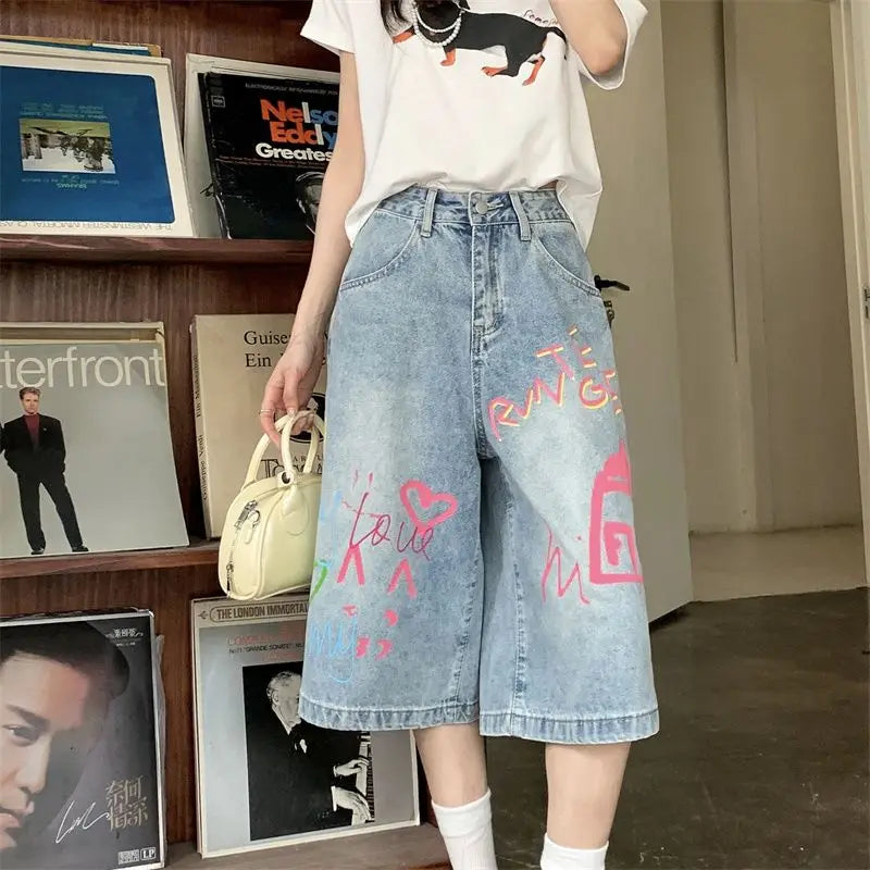 Jeans For Women 2025 Retro Hip Hop Street Jeans Summer Oversized Embroidered High Waisted Wide Leg Shorts Loose Y2K Wide Pants