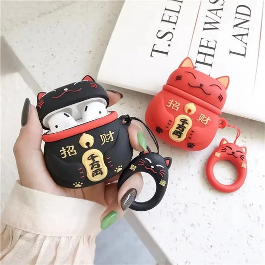 For AirPods 4 3 2 1 Pro Pro2 Earphone Case 3D Maneki Neko Lucky Cat Cartoon Silicone Protective Headphone Box With Pendant Cover