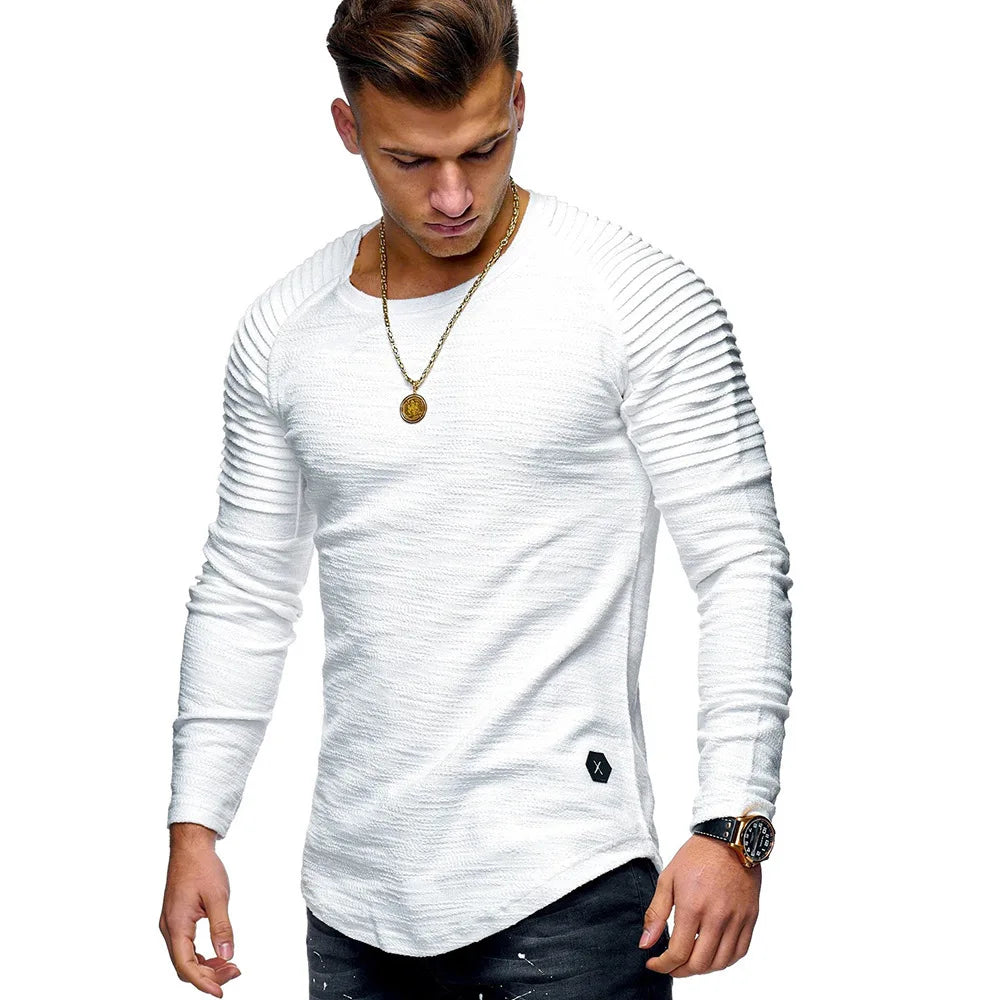 Spring And Autumn New Men's Solid Color Slim Round Neck Long Sleeve T-Shirt Fashion Fold With Shoulder Sleeve  Sports T-Shirt