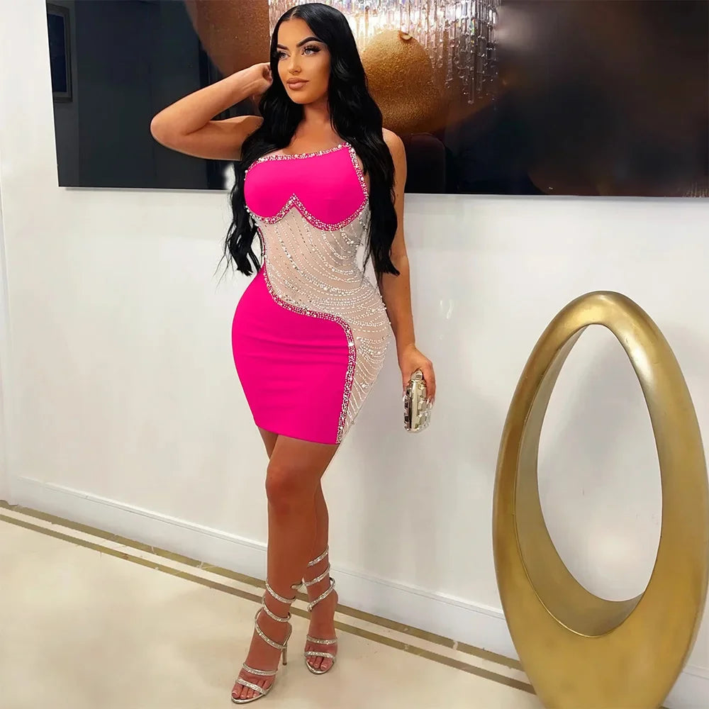 CM.YAYA Women Diamonds Hot Rhinestones Mesh Patchwork Sweetheart