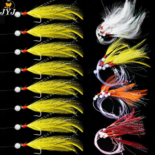 JYJ 8 arms Sabiki Rigs Saltwater Artificial Fishing Lures Luminous Sea Bait Mackerel Pesca Tackle string Hooks Feather Hook