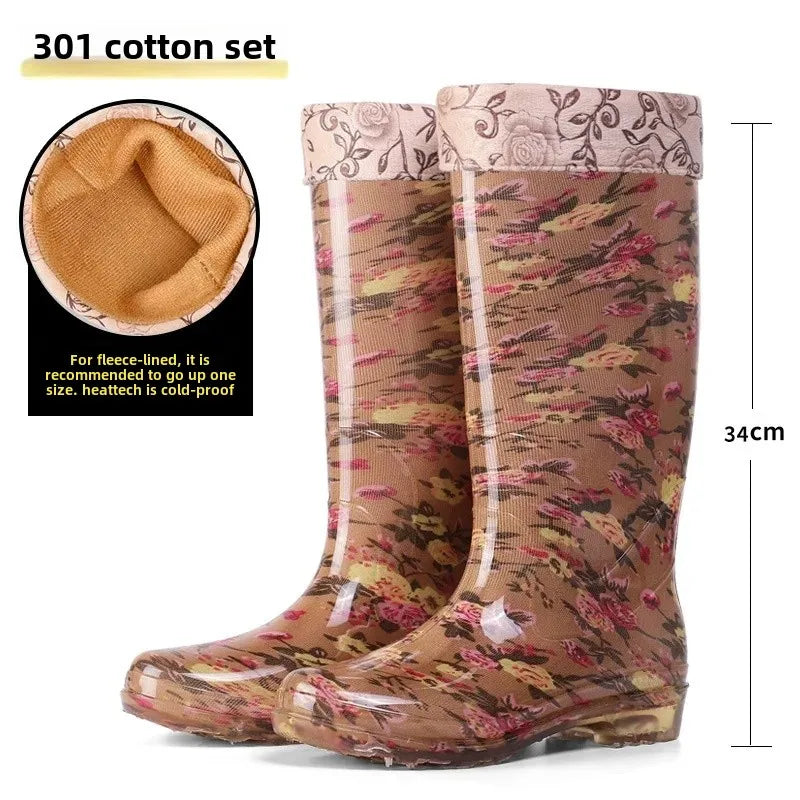 Thickened Crystal Flower Fabric High Top Women's Rain Boots Kitchen Waterproof Non-Slip Work Shoes Low Heel Plastic Shoes