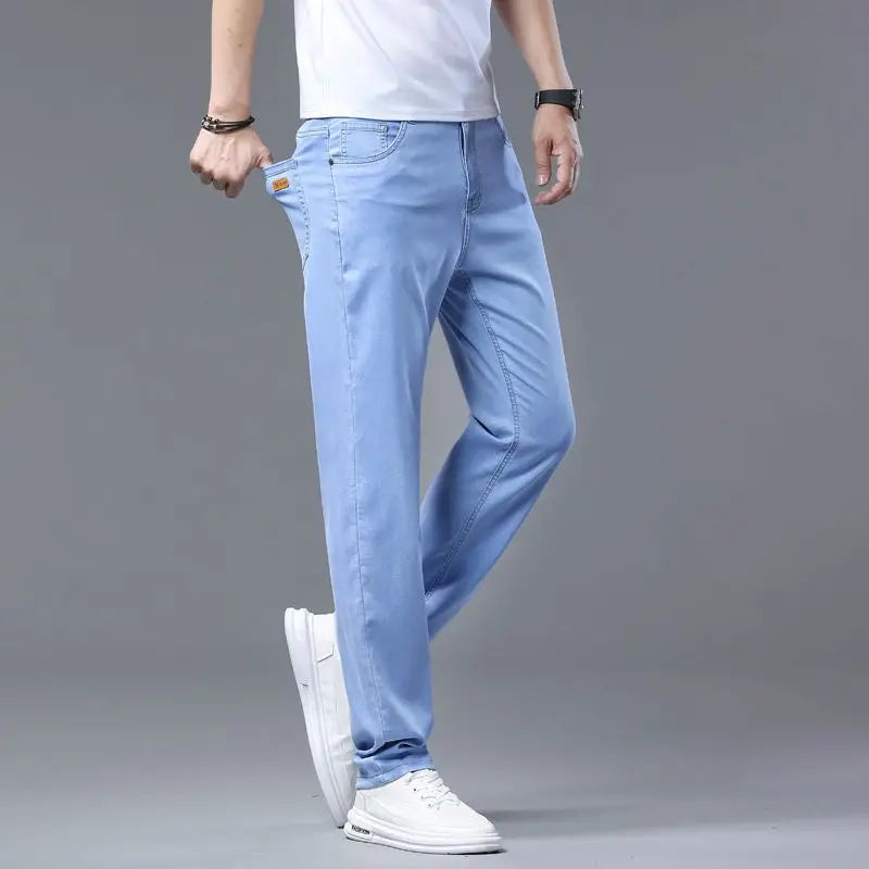 2025 Spring Summer Thin Men's Slim Stretch Jeans Lyocell Cool Light Blue Fashion Casual Denim Pants Male Brand Trousers