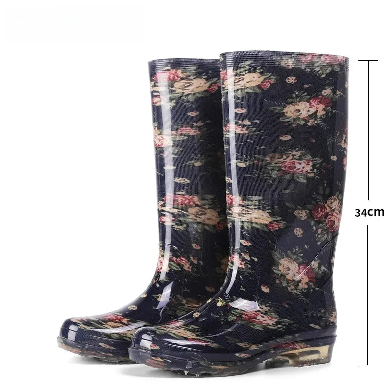 Thickened Crystal Flower Fabric High Top Women's Rain Boots Kitchen Waterproof Non-Slip Work Shoes Low Heel Plastic Shoes
