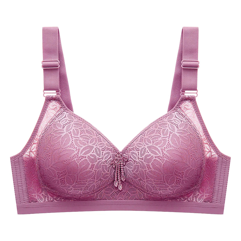 Women Comfortable Plus Size Large Bust Wire Free Embroidery Bra Side Gather and Breathable Perfect Fit and Support Bras