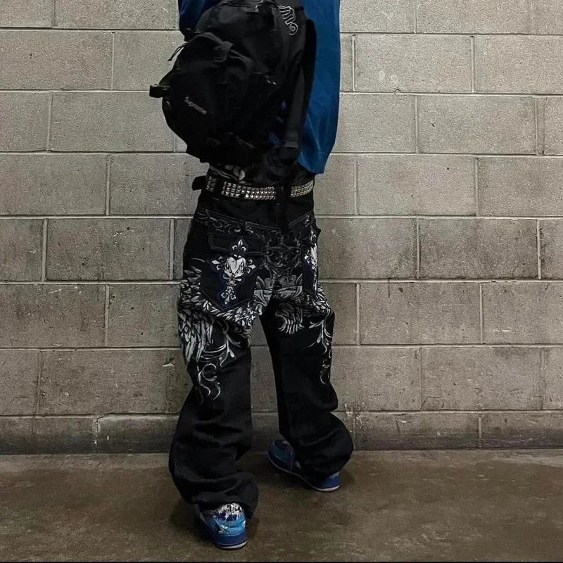 Jeans embroidered hip-hop wide-leg floor-moving Y2K mid-waist gothic individual men's pants American retro fashion trousers