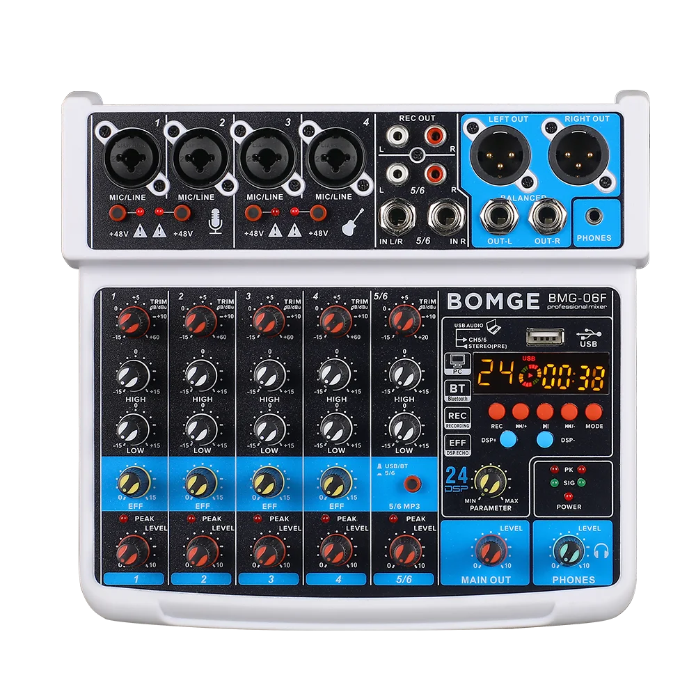 BOMGE 6 Channel 24DSP mini DJ Audio Sound Mixer Interface with MP3 USB Bluetooth Stereo Recording for karaoke performance stream