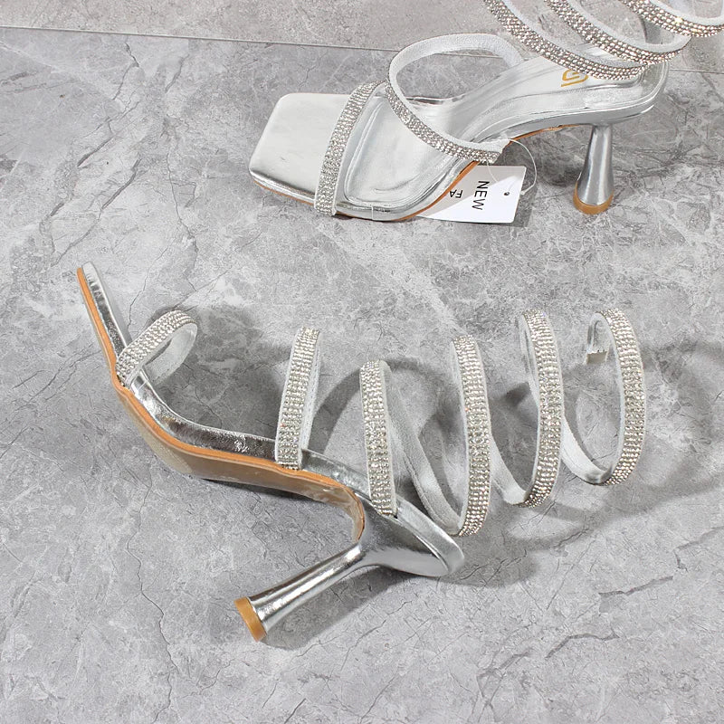 Fashion Women Sandals 2024 Summer New Crystal Snake Spring