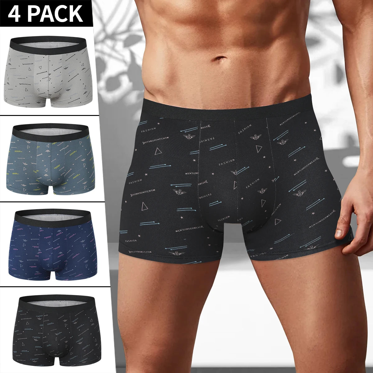 4 Pack European and American Size MEN'S Printed Fashion Boyshort Comfortable MEN'S plus Size Underwear Beach Swimming Trunks