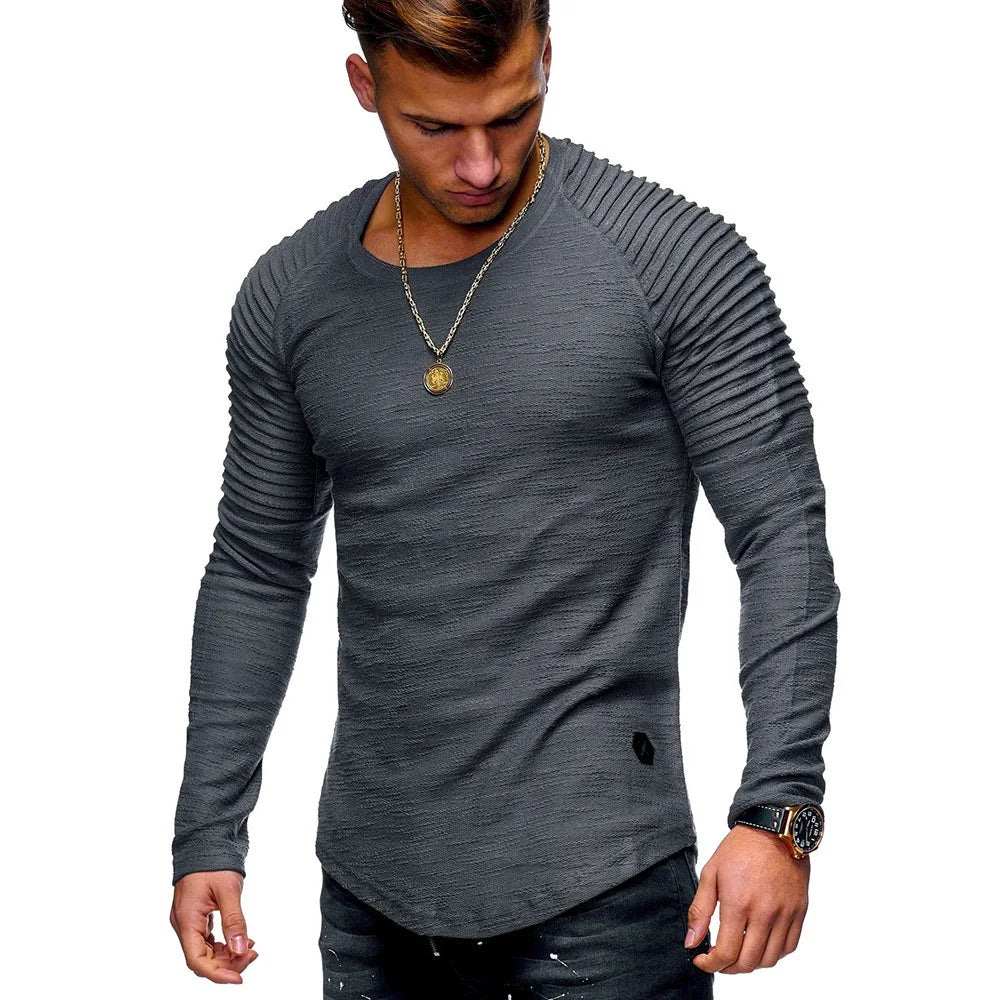 Spring And Autumn New Men's Solid Color Slim Round Neck Long Sleeve T-Shirt Fashion Fold With Shoulder Sleeve  Sports T-Shirt