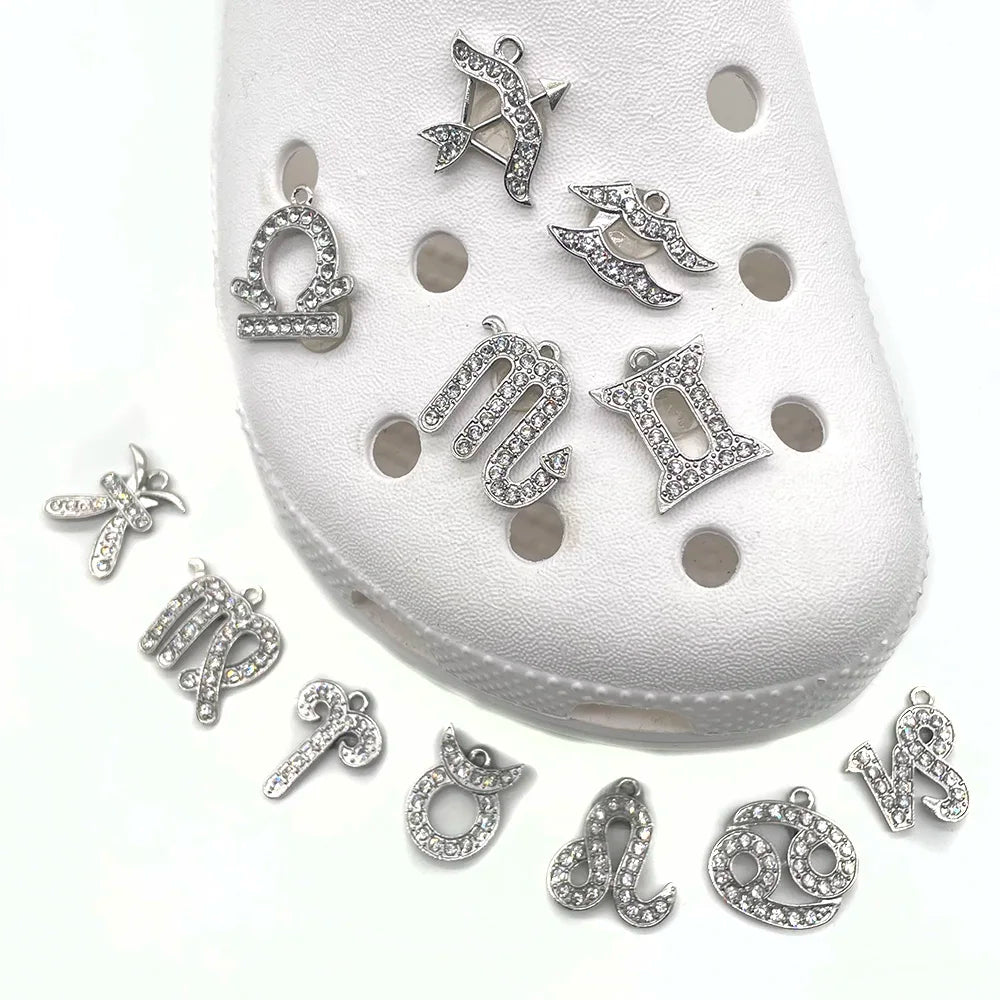the Zodiac Metal Bling Rhinestone Shiny Silvery Shoe Charms for Clogs Sandals Decoration Shoe Buckle for Girls Gif