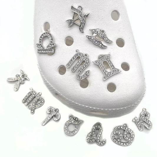 the Zodiac Metal Bling Rhinestone Shiny Silvery Shoe Charms for Clogs Sandals Decoration Shoe Buckle for Girls Gif