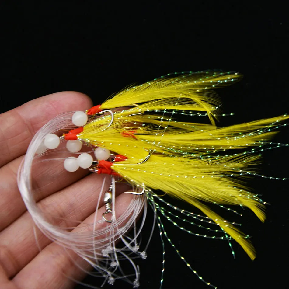 JYJ 8 arms Sabiki Rigs Saltwater Artificial Fishing Lures Luminous Sea Bait Mackerel Pesca Tackle string Hooks Feather Hook