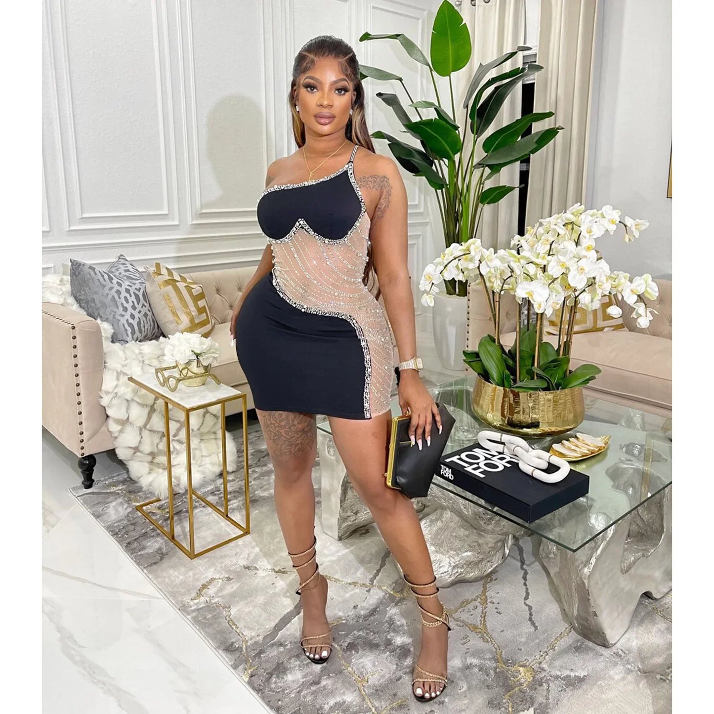 CM.YAYA Women Diamonds Hot Rhinestones Mesh Patchwork Sweetheart