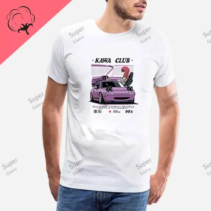 Initial D JDM MIATA MX5 Theme 100% Cotton Men's Shirt Summer Street Wear O-neck Printed Short Sleeve Top Funny Pattern