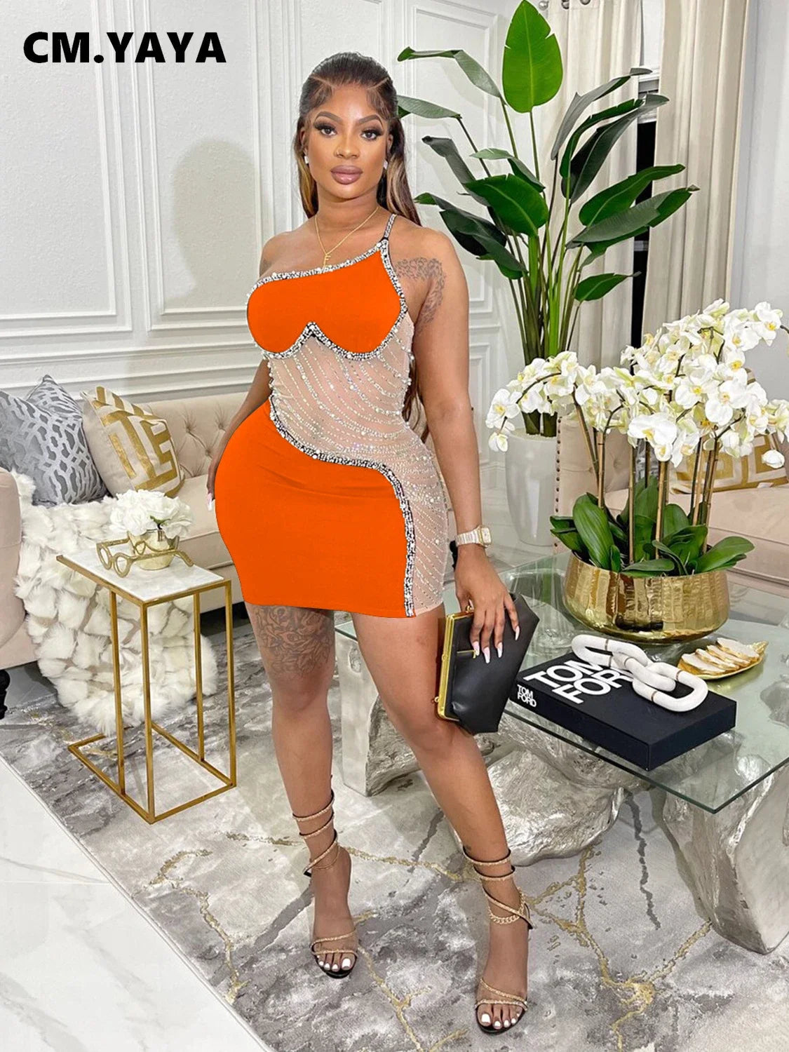 CM.YAYA Women Diamonds Hot Rhinestones Mesh Patchwork Sweetheart