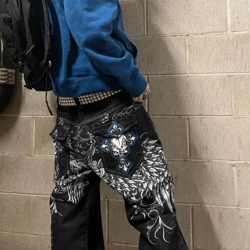 Jeans embroidered hip-hop wide-leg floor-moving Y2K mid-waist gothic individual men's pants American retro fashion trousers