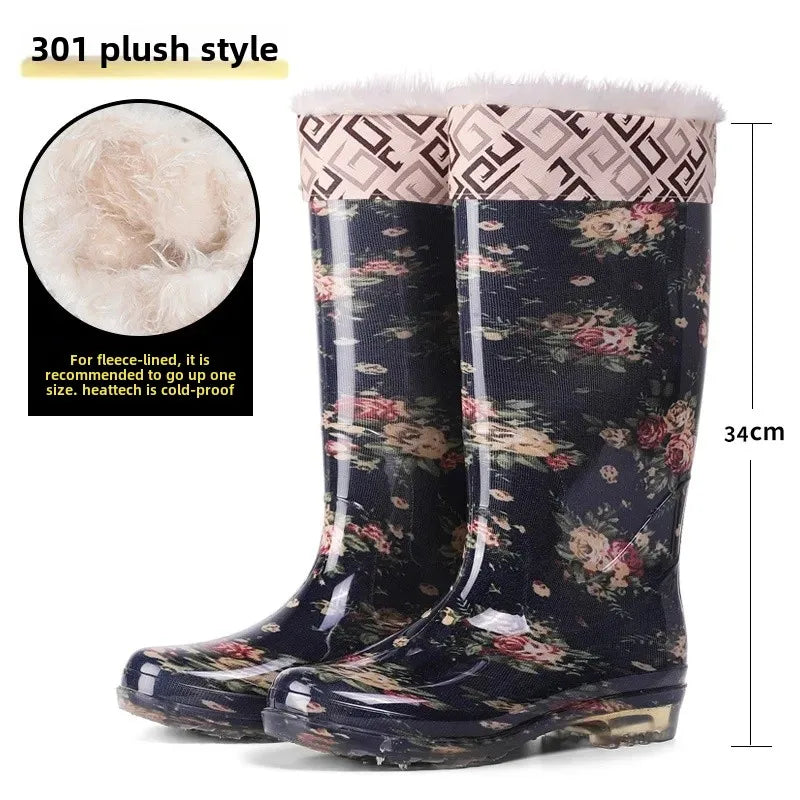Thickened Crystal Flower Fabric High Top Women's Rain Boots Kitchen Waterproof Non-Slip Work Shoes Low Heel Plastic Shoes