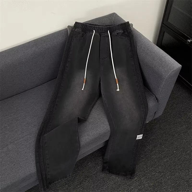 Jeans Men 2025 Spring Autumn American Style Vintage Loose Straight Leg Long Pants Men's Youth Popular Drawstring Wide Leg Pants